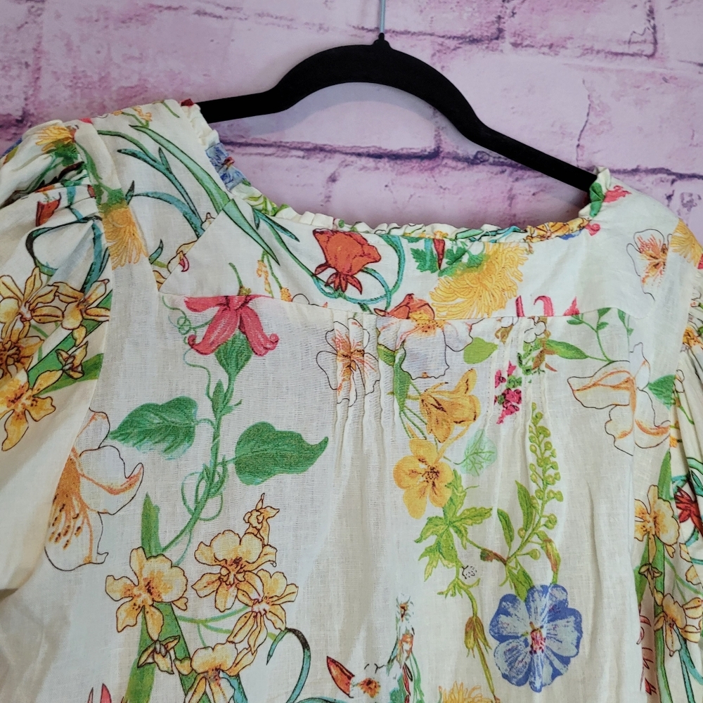 LAURA ASHELY LINEN BLEND BUTTON FRONT FLORAL PRINTED PUFF SLEEVE BOHO BLOUSE L - Picture 8 of 12